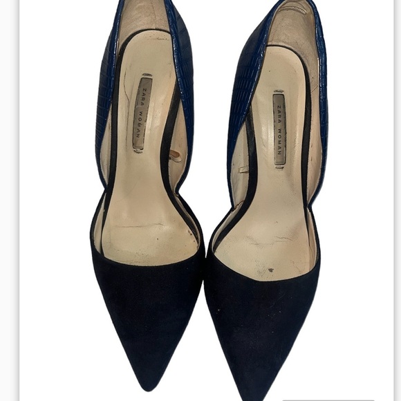 Zara Women Sz 38 US 8 Navy Blue Snake Print Suede Pointed Toe Heels - Picture 2 of 10